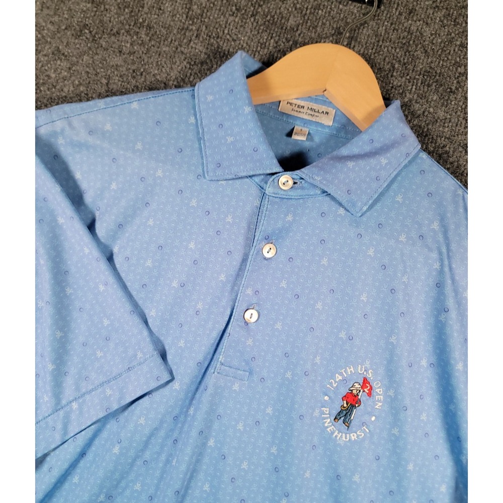 Peter Millar Golf Polo Shirt Mens Small Blue Pinehurst Skull Print Performance